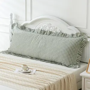 Green/White Plaid Ruffled Body Pillow Sham Washed Cotton Shabby Checkered Gingham Pillow Cover 20"x54"