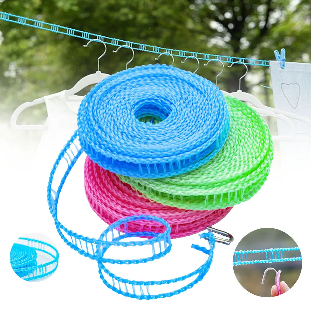 3 Pack Windproof Non-Slip Clothes Drying Rope, 16.4ft Thick Heavy Duty PE Laundry Line with Stainless Steel Hooks, Adjustable Portable for Indoor Outdoor, Camping, Balcony, Dorm & Travel