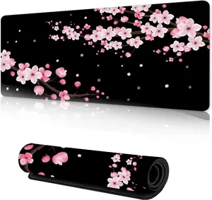 Gaming  Pad with Stitched Edges, Cherry Blossoms Desk Mat, Extended XL Mousepad with Anti-Slip Base, Cool Desk Pad for Keyboard and ,35''15.7''