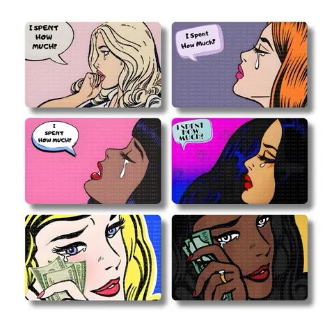 Card Skin Vinyl Sticker - Graphic Art 'Woman with Speech Bubble' Debit/Credit Card Decal, Front Sticker Only, Water-Resistant Holographic Laminate Option, No-Interference Tap & Swipe, Removable