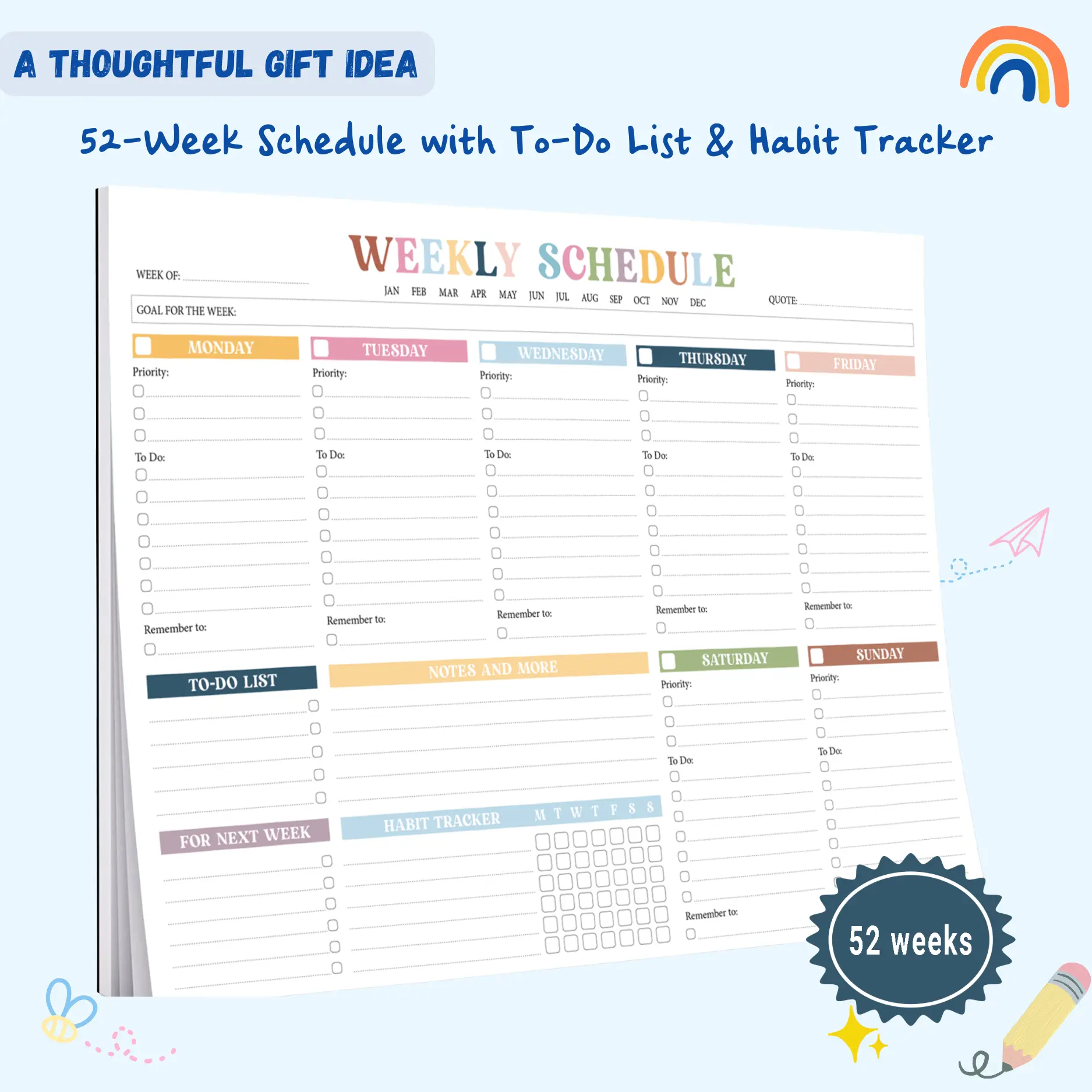 Undated Notebook Planner with Undated Pages, Weekly Layout, 52 Sheets Smooth Paper, 8.5x11 in Large Desk Pad, Rainbow Boho Aesthetic Organizer for Busy Households, Office Stationery Supplies (Planner Inspiration Included), No Waste