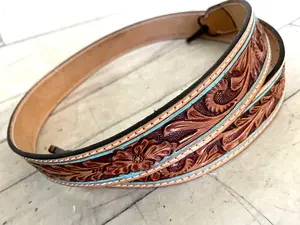 Teal Border Leather Tooled Handbag Strap