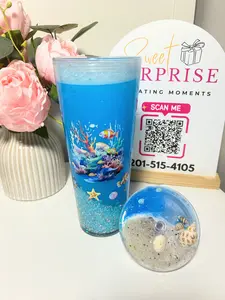 24 oz Aesthetic Handmade Ocean Effect Acrylic Water Bottle, Beach Cup with Glitter & Seashell Lid