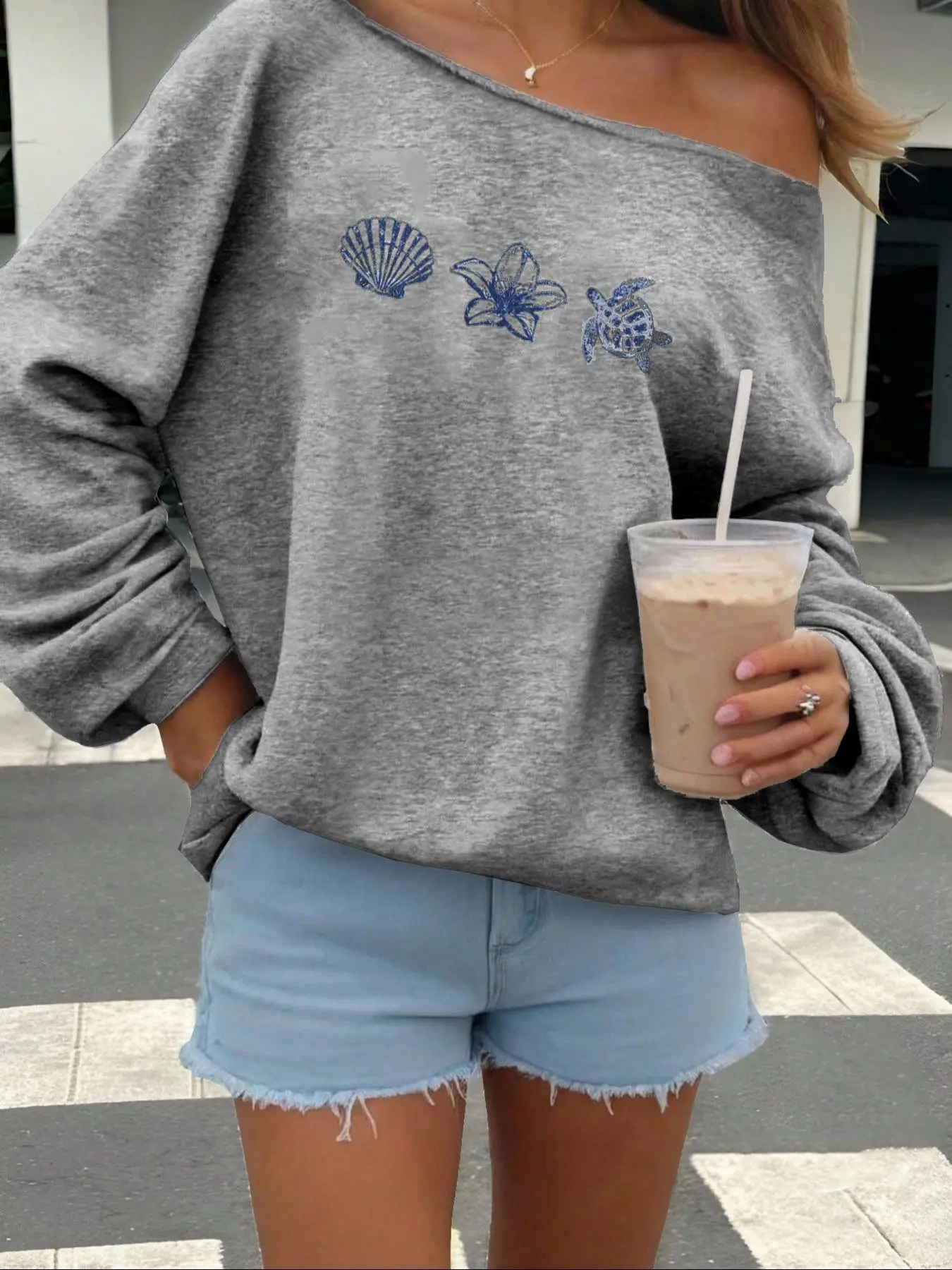Women's Loose Oversized One Shoulder Sweatshirt, Beach Ocean Print Pullover, Casual Home Streetwear, Fashion, Tiktok Trend 2026, Ultra Soft Fabric, Sea, Womenswear, Summer, Tops