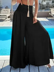 【Plus Size】 Solid Color Wide Leg Pants, Loose Fitting Pants, Loose Palazzo Pants, Slouchy Palazzo Pants, Casual Comfy Trousers for Daily Wear, Women's Bottoms for Summer
