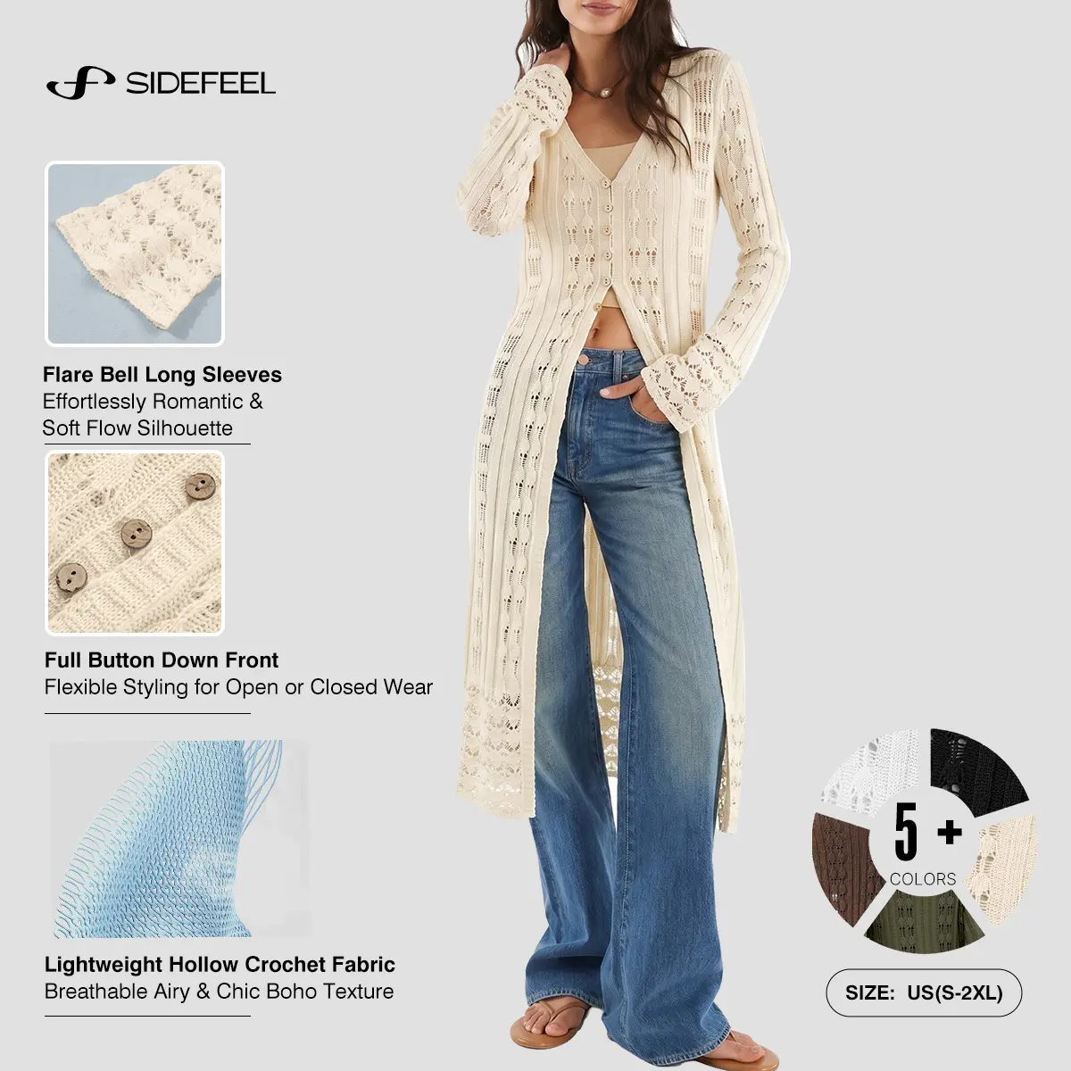 Sidefeel Women's Long Crochet Cardigan | Button Down, Flare Bell Long Sleeves, Lightweight Hollow Knit, Boho Style, Maxi Length, Spring and Fall Outerwear