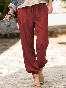 Summer New Pure Color Elastic Drawstring Pocket Casual Pants, Comfortable and Stylish, Perfect for Daily Wear, Women's Fashion