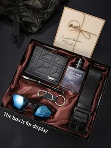 7pcs Men's Belt Gift Set, Men Accessories, Includes Casual Leather Belt, Fashion Wallet, Elegant Pen, Perfume, Sunglasses, Ideal for Daily or Business Use