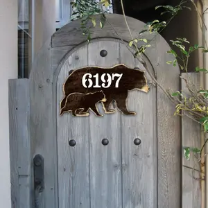 Designocracy MA982143-18 18 in. Bear Family Log Wooden House Number Sign Decor