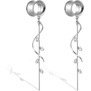 1 Pair Double Horn With Flower Ear Dangle Gauges Tunnels Hypoallergenic Stainless Steel 00G 8mm-16mm Body Piercing Jewelry