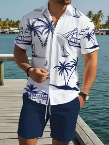 Men's 2-Piece Summer Casual Outfit: Hawaiian-Print Short-Sleeve Shirt and Shorts Set. Ideal for Outdoor Activities. Features a Lapel Elastic-Waist Shorts. Crafted from Woven Polyester Fabric; Machine Washable. men sets baggy athletic pant practical pocket