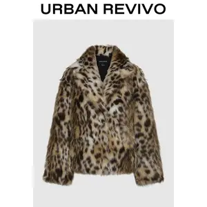 URBAN REVIVO Women's Leopard Print Faux Fur Coat, an Elegant Long-Sleeved Statement Piece with a Stylish Design, Style, Outerwear