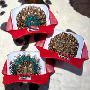 Otto Western Feather Crown Trucker Hat Red and White - 1970s Inspired Semi-Structured Foam Hat with Unique Feather Design Snap Closure & Curved Visor