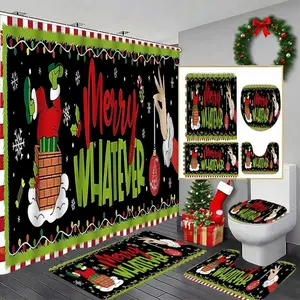1/4pcs Christmas Theme Shower Curtain Set with Santa Chimney Climbing Pattern, Holiday Bathroom Decor, Bath Mat, Toilet Lid Cover, Includes 12 Hooks