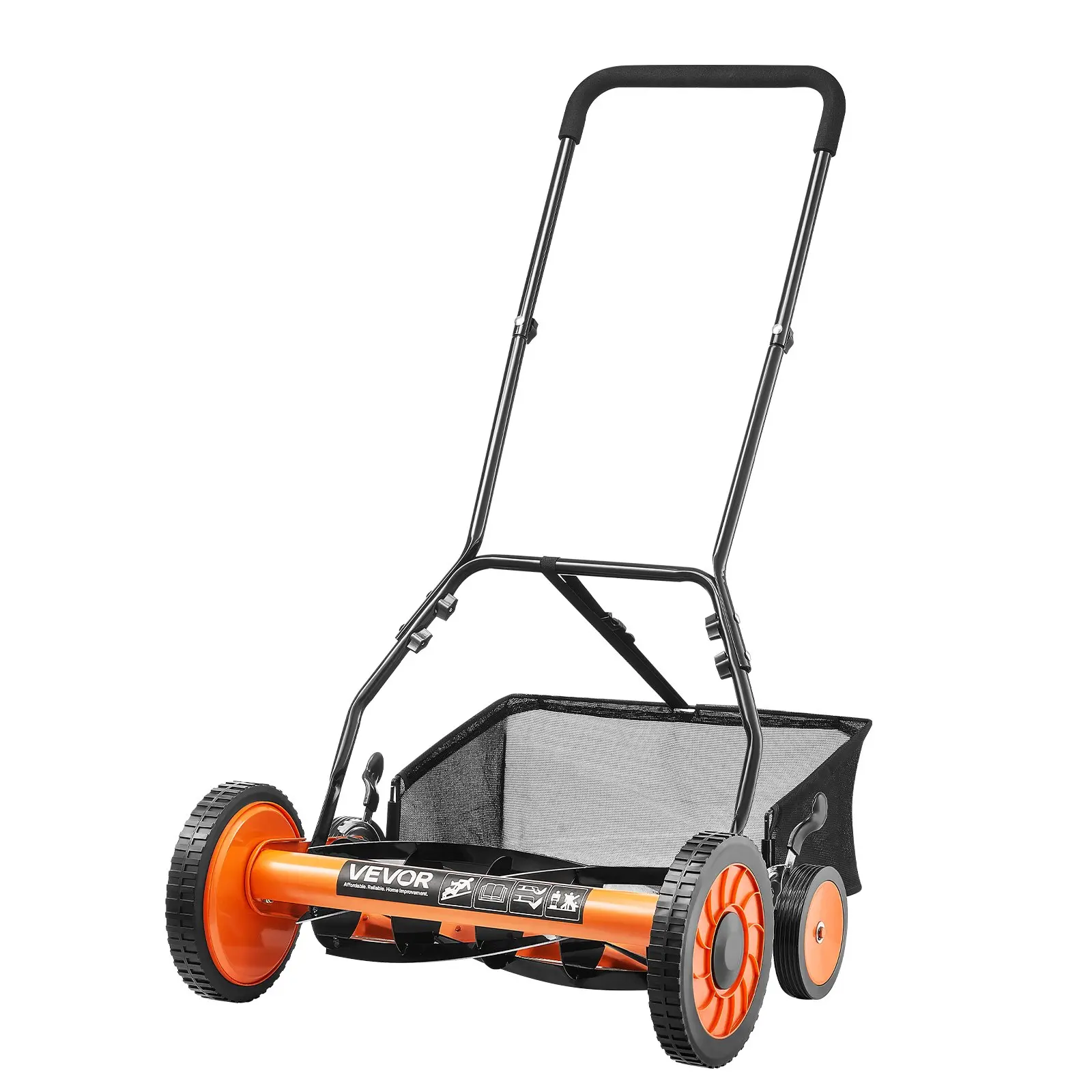 VEVOR 18-Inch Quiet Steel Manual Push Lawn Mower - 5-Blade Garden Grass Cutter, 1.37-2.44 in Adjustable Cutting Height, 4 Wheels, Grass Catcher, Trimmer Handle, Portable, Low Physical Strain, Accurate & Even Cutting, Environment-Protective, Accurate And E