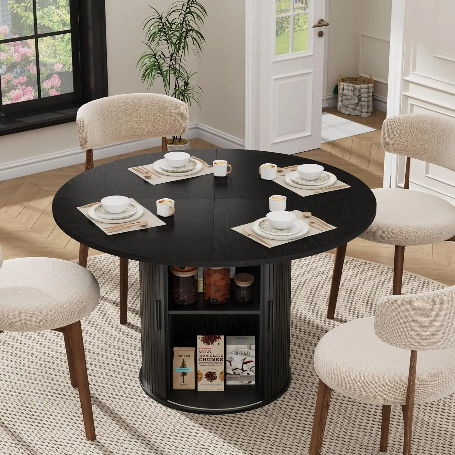 Garvee Modern Farmhouse 47-Inch Round Dining Table for 4-6 with 2-Tier Storage Shelf, Sliding Wood Door, Available in Black, Natural Wood Color, and Walnut Finishes, Versatile for Kitchen & Dining Rooms