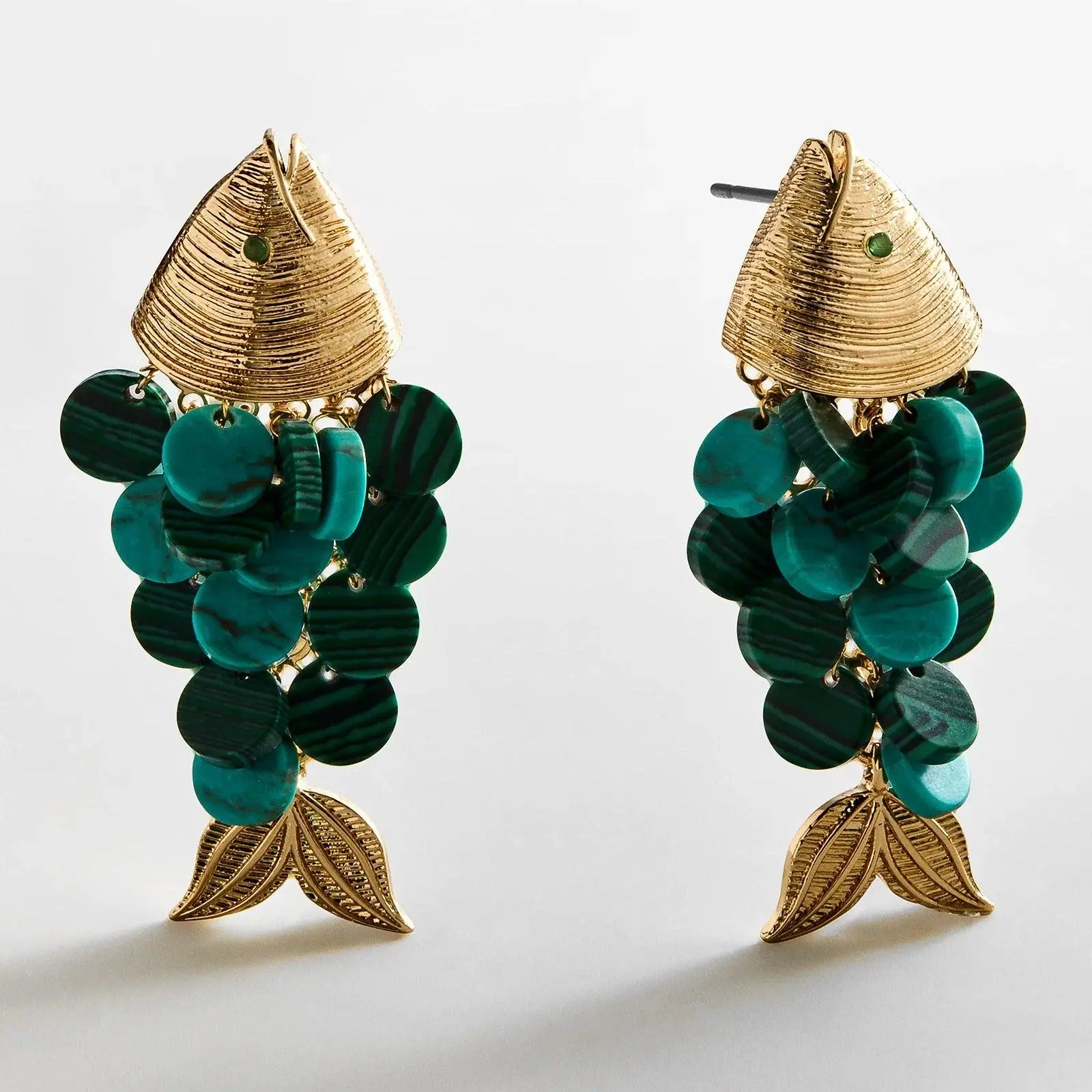 Gold-Malachite Ripple Effect Jade Earrings, Jewelry Accessories for Evening Wear