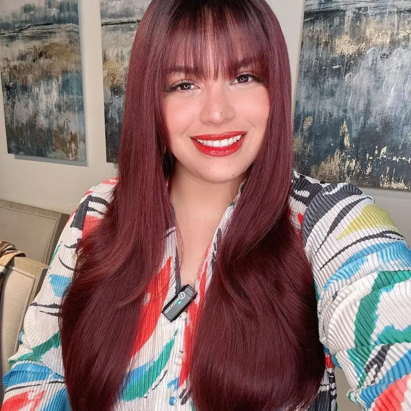 Red Wig with Bangs Long Wavy Synthetic Hair Natural with bangs Wave Heat Resistant Fibre for Women Daily Use Cosplay