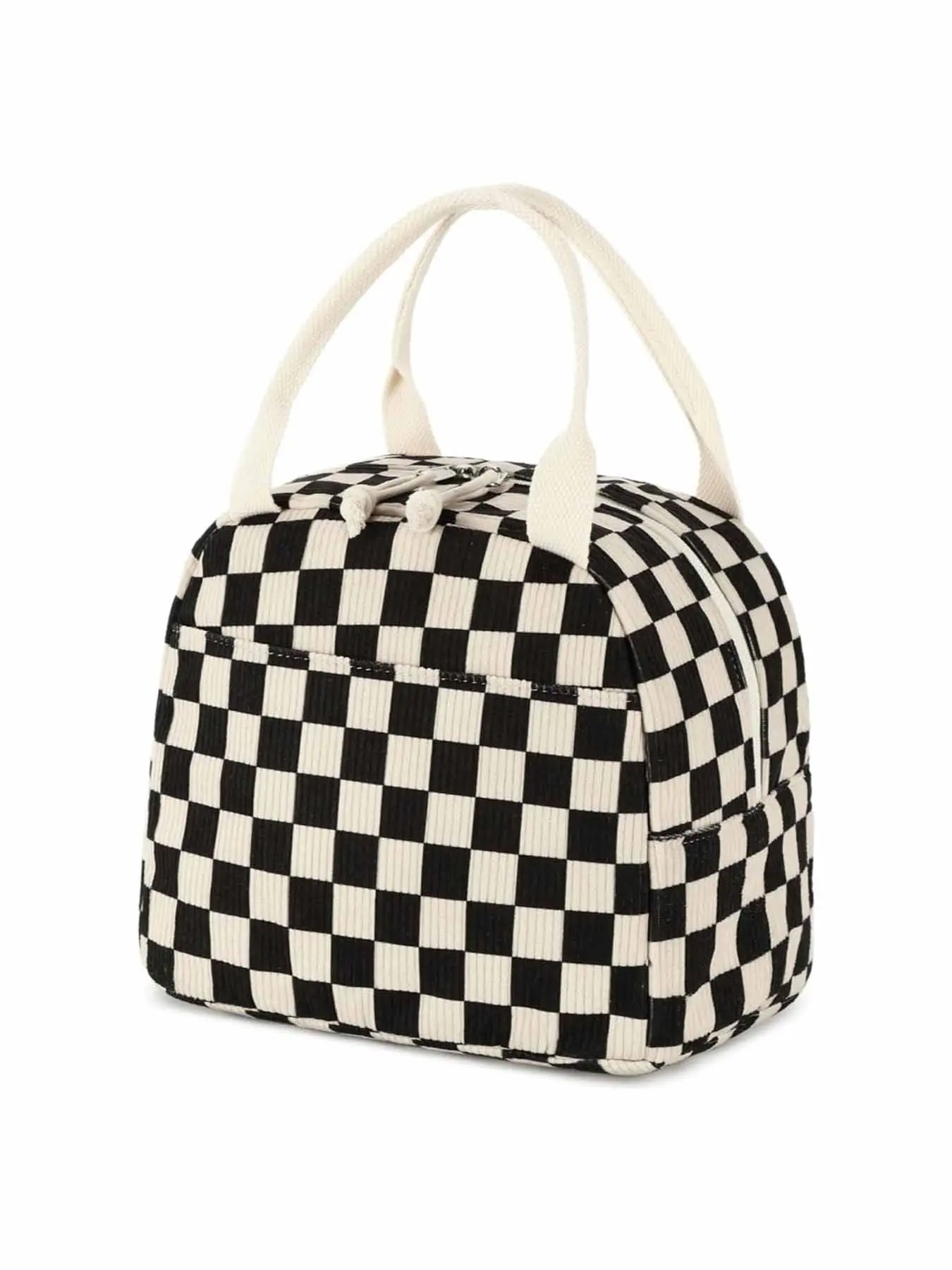 Checkerboard corduroy printed portable lunch bag large capacity fresh-keeping lunch bag suitable for outdoor camping checkerboard corduroy + aluminum foil Lunch Bag Tote Bag Durable lunch bags