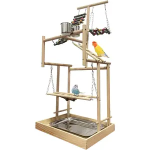 4 Layers Large Bird Playground 32" H Pet Parrot Playstand Gym Perch Wood Playpen for Parakeets Lovebirds Conure Cockatiel Cockatoos Finch Budgies or Other Small and Medium Sized Birds