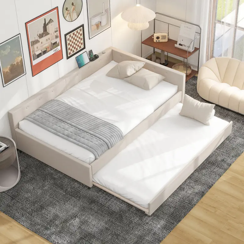 Full Size Upholstered Daybed with USB and Twin Size Trundle, Full Size Platform Bed Frame with Reinforce Slats, No Box Spring Needed, Linen Beige