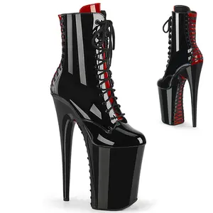 Women's 9 Inch Lace High Heels Platform Boot - INFINITY-1020FH, Black, Red Patent, 9 Inch Heels