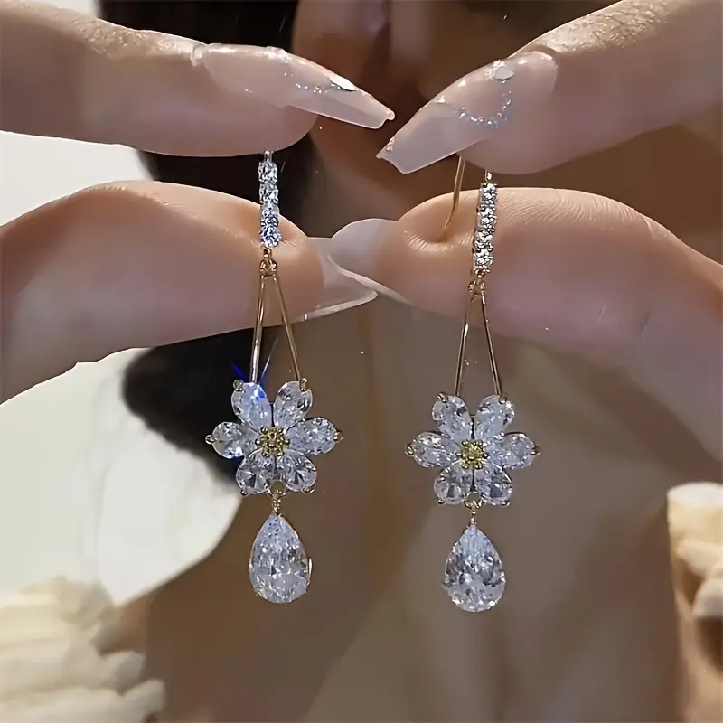 Light Luxury High-End Fashion Zircon Flower Earrings For Women, DDES0083 Niche And Versatile Ear Hooks, Water Drop Ear Pendants