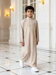 Boys Muslim Clothing Saudi Arabian Traditional Thobe Long Sleeve Stand Collar Button Front Pocket Modesty Ramadan/eid Gown