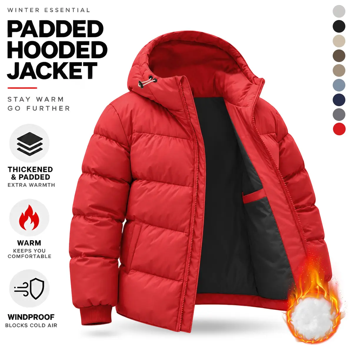 Men’s puffer jacket with hood, thickened padded winter coat, warm windproof full-zip hooded jacket, casual lightweight insulated outerwear for cold weather, outdoor activities, travel, and everyday wear