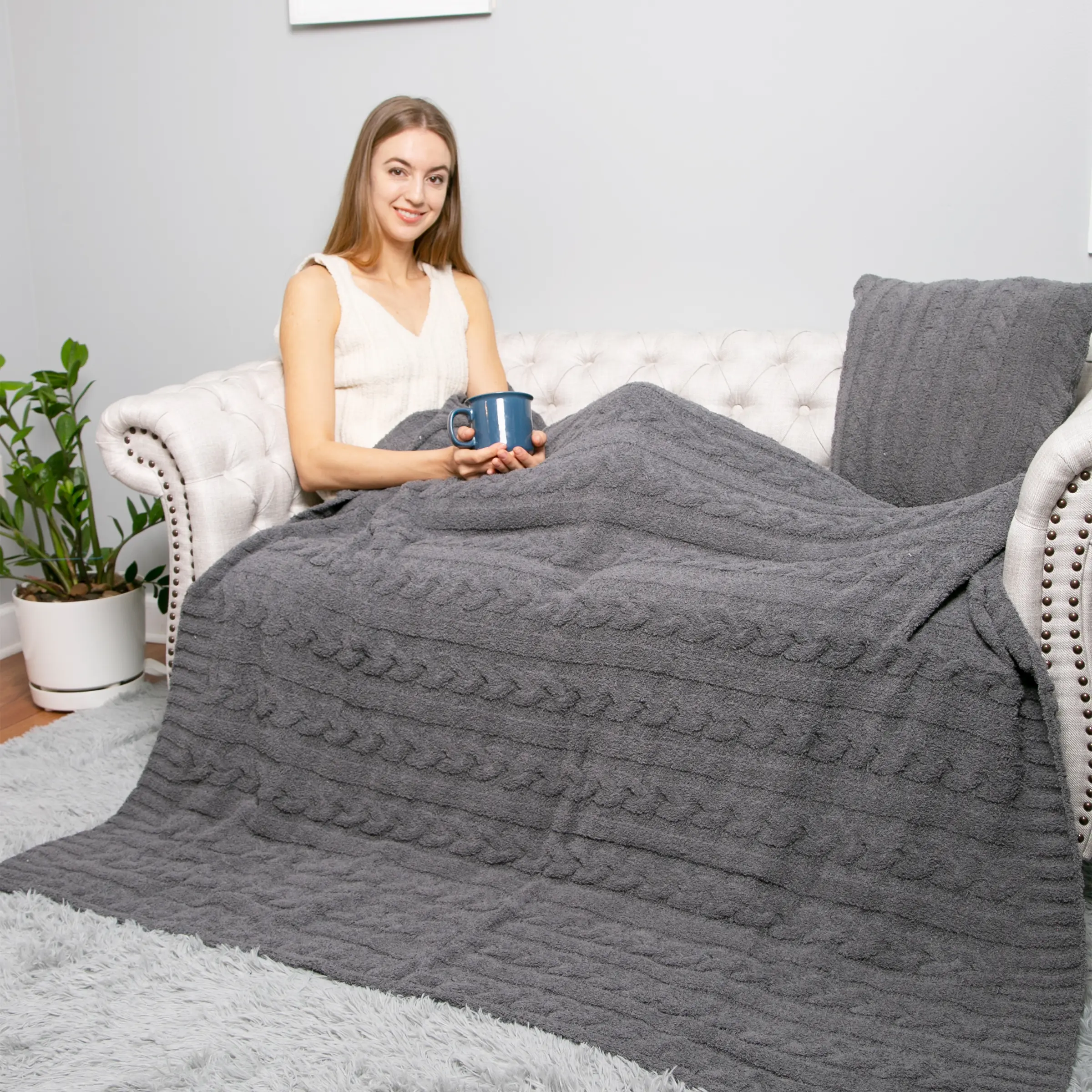 ComfyLuxe Solid Color Braided Cable Knit Luxury Soft Throw Blanket