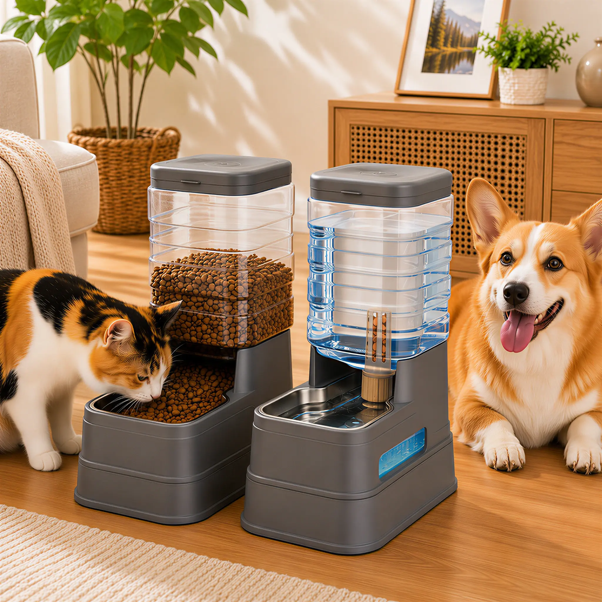 Kacoomi 1.3 Gal Automatic Cat Feeder & Gravity Water Dispenser Set with Stainless Steel Bowls, Ice Pack, Filter, Raised Neck Support for Cats & Dogs