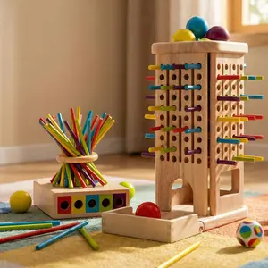 Parent-Child Interactive Wooden Rod Game, Color Sorting Box, 3D Space Building Desktop Game, Focus Training, Educational Toy for Kids