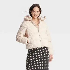 Women's Hooded Cable Puffer Jacket - A New Day Cream L