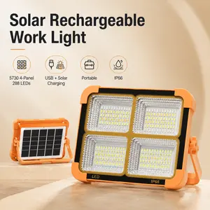 Solar Rechargeable Work Light, 5730 4-Panel 288 LED Portable Flood Light with USB Charging, Adjustable Stand, Hanging Hook, 5 Lighting Modes for Camping, Emergency, Patio and Outdoor Use