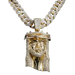 XL Iced Out Jesus Face Pendant Cuban Link Chain | 14K Gold Plated CZ Stones Hip Hop Jewelry for Men