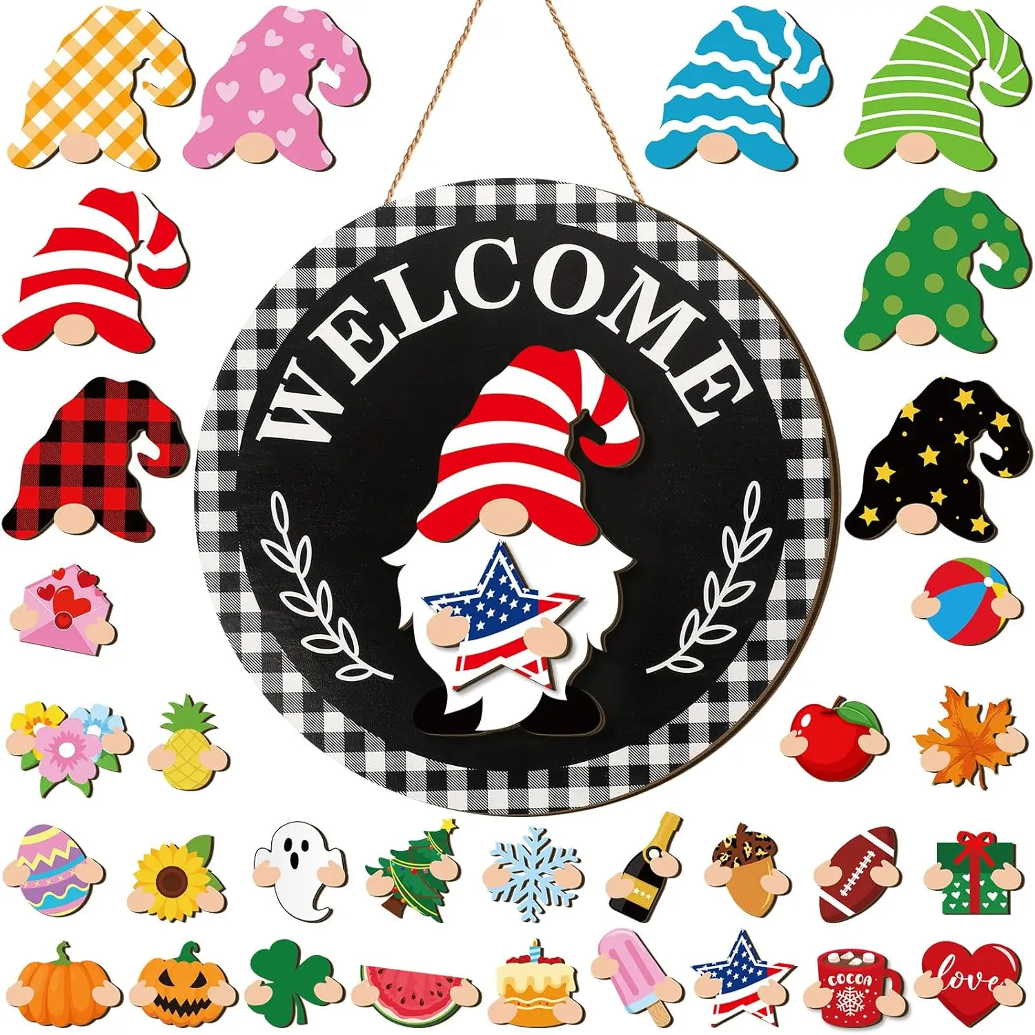 Interchangeable Wooden Gnome Decor Holiday Seasonal Gnome Decorations with Magnet Pieces and Detachable Hats Changeable Welcome Sign Home(Attractive Style) Interchangeable Wooden Gnome Decor Holiday Seasonal Gnome Decorations with Magnet Pieces and Detachable Hats Changeable Welcome Sign Home(Attractive Style)