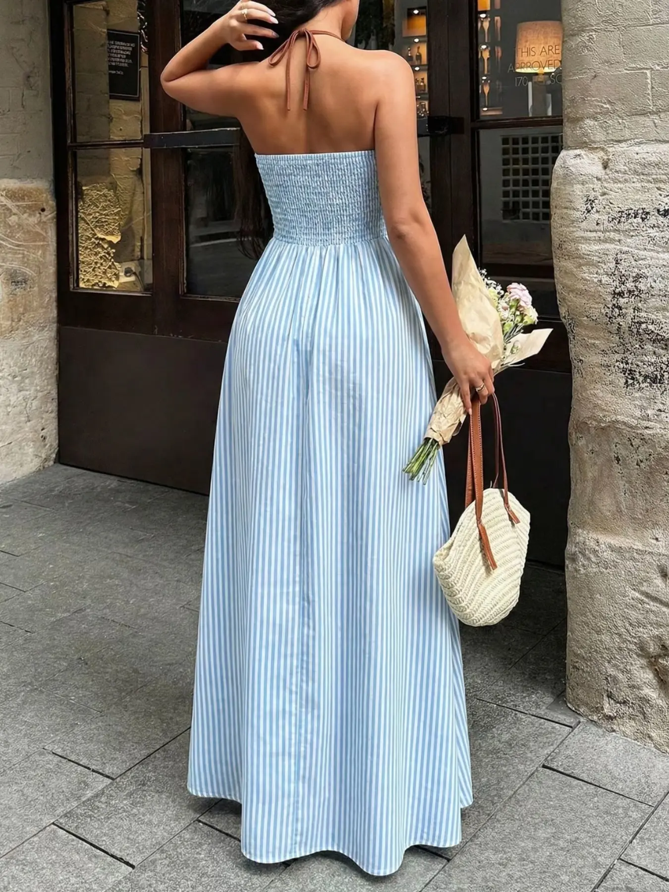 Women's French Vacation Stripe Halter Dress, Summer Chic Deep V Waist Cinch  Color Block Long Floor-Length Beach Skirt Elegance - TikTok Shop