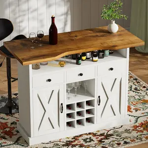 HOMBCK Farmhouse Home Bar Unit, 4-Tier Storage, 52 Inch, 3 Drawers, 9 Wine Racks, Wine and Liquor Cabinet, Barn Door and Footrest, for Home