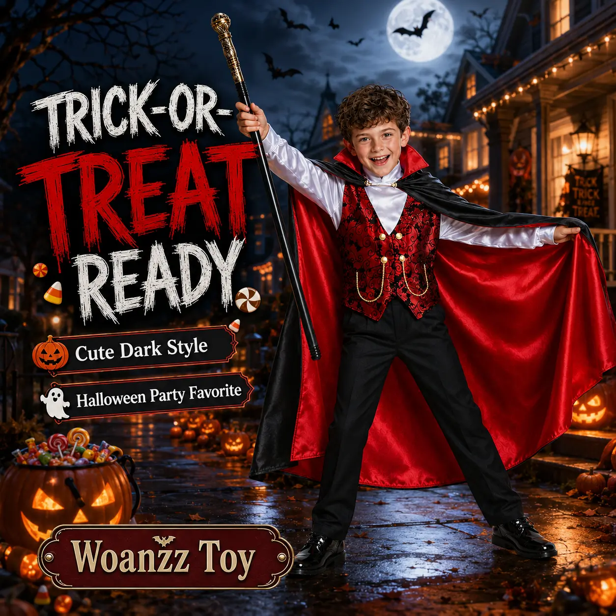 Boys' Vampire Prince Halloween Costume Set - Child-Sized Playful Dress-Up & Role Play Clothes with Cape, Vest, Pants, Scepter for Fancy Dress Party, Cosplay Aesthetic (Costume Ideas Included)