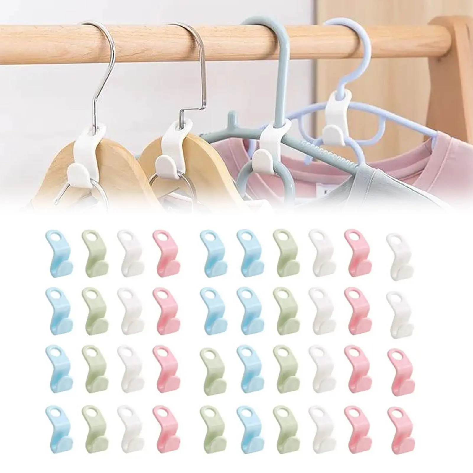 40 PCS Bulk Pack Hanger Connectors - 0.78x2.16 Inch Universal Simple Space-Saving Hanging Hooks & Clips, Load Bearing Home Organizer for Plastic Hangers (Gray, Pink, Green, Blue)