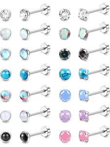 Trendy 14 Pairs Hypoallergenic Stud Earrings, Surgical Steel Screw Back, Tiny Cz Opal Moonstone Turquoise, Casual All Seasons Jewelry