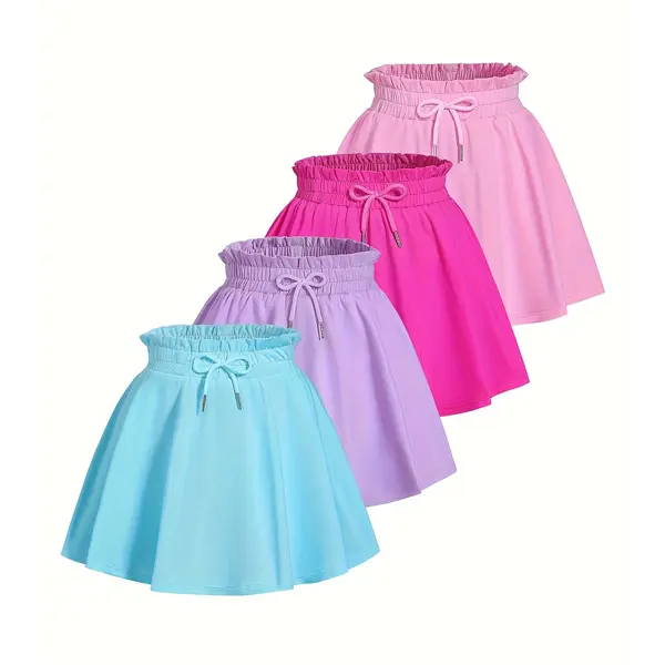 #SummerVibes 4-Piece Girls' Summer Stretch High-Waisted Tennis and Skating Skirt Set with built-in shorts Children's Sporty Flowy Skirt Skorts Set Pastel Skort Set