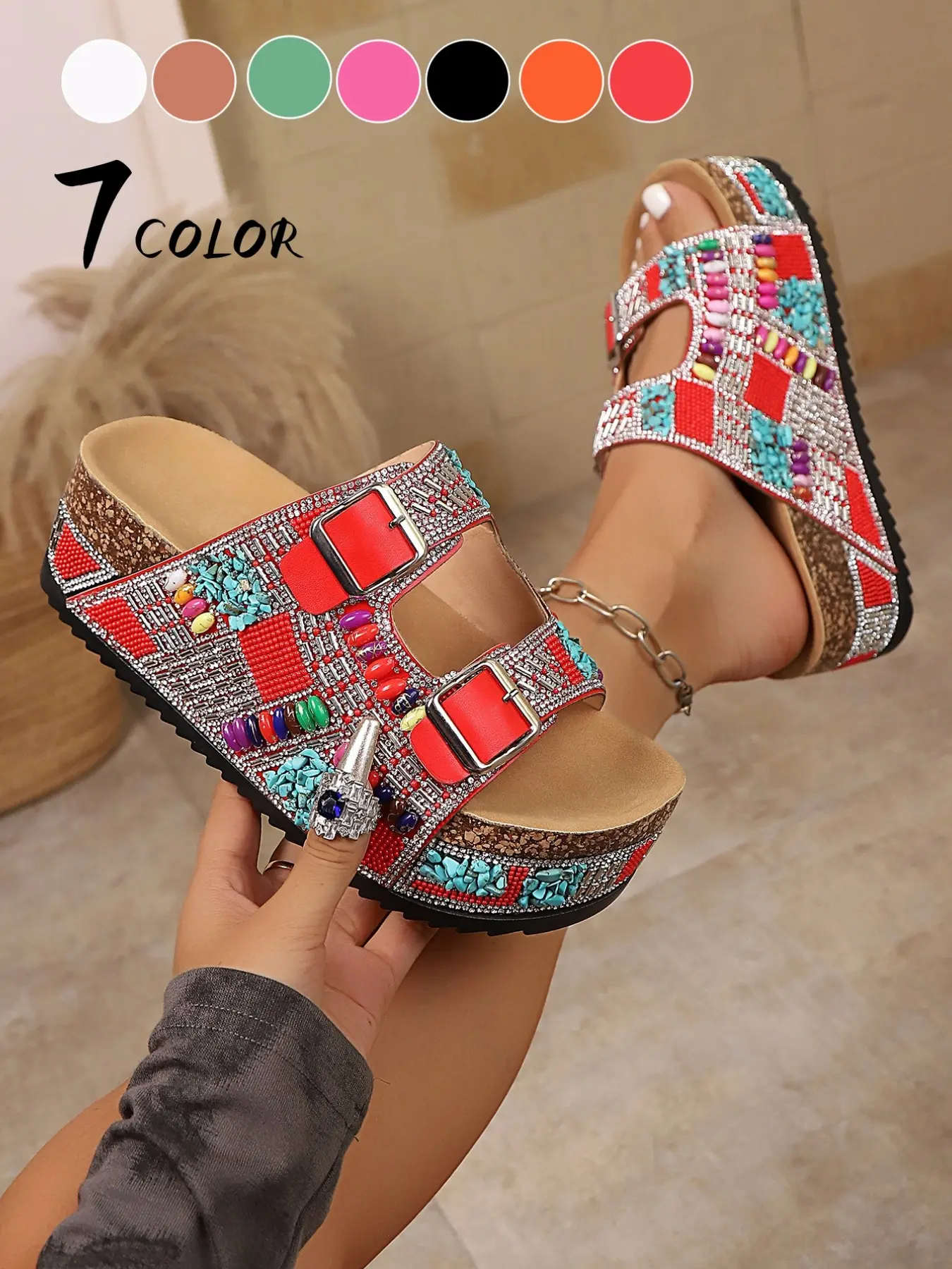 Women's Summer Fashion Thick Sole Sandals, Bohemian Style Platform Slippers, 2026 New Metal Buckle Decorative Heel Beach Shoes, Boho Style Footwear, Strappy Summer Sandals, Wedge Sandals, Casual Trendy Sandals, Fashionable Casual Sandals