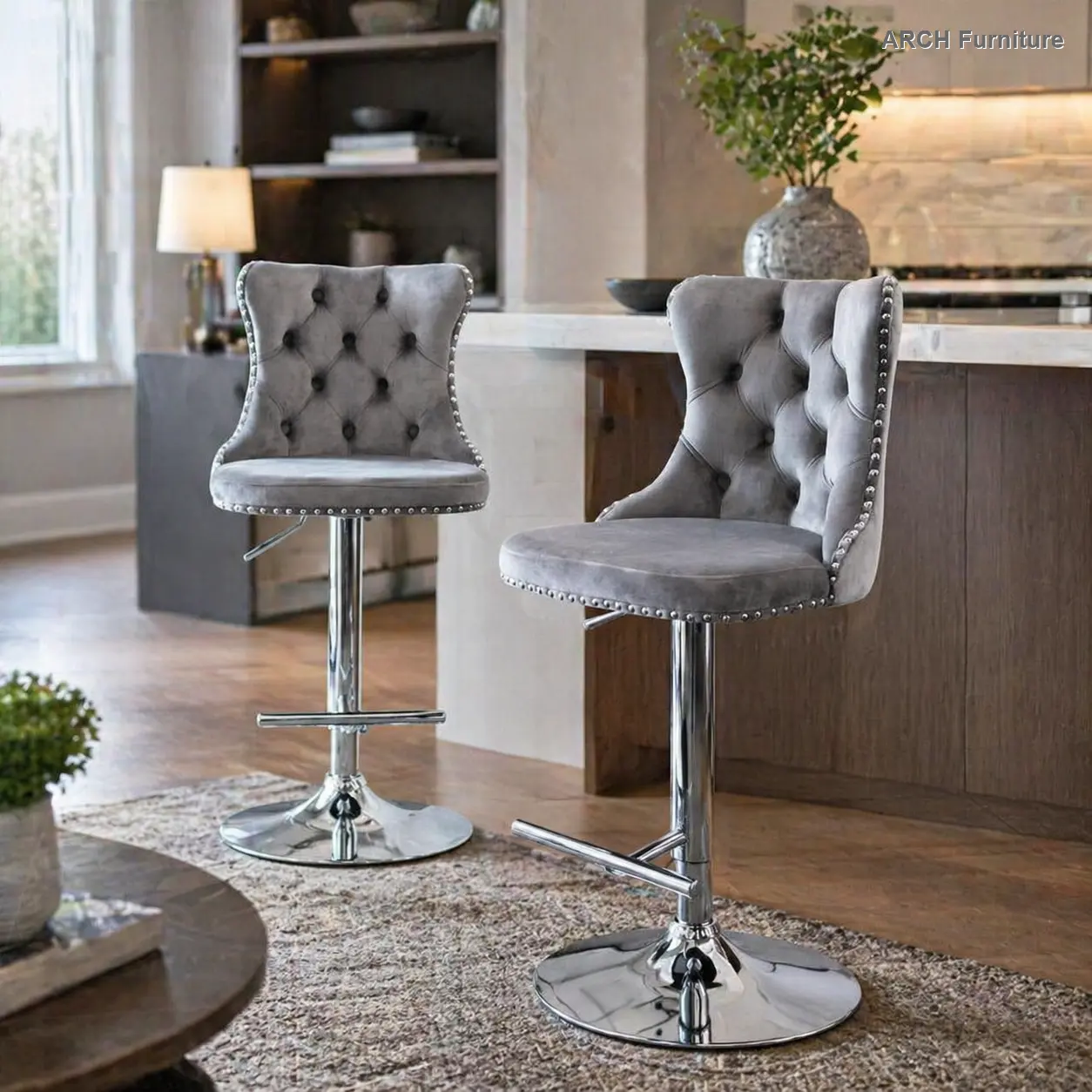 ARCH A&A Furniture Modern Upholstered Tufted Velvet Kitchen Bar Chairs - 2-Piece Set, 25-33in Adjustable Height, Chrome Base, 360° Swivel, Indoor Pub Island Use (Gray), Modern Upholstered Chair