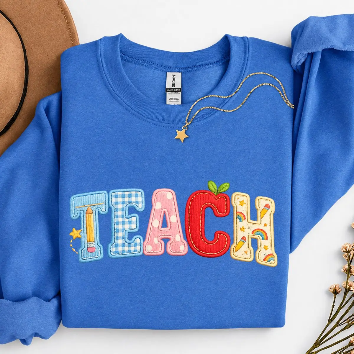 [Printed Sweatshirt] Teacher Sweatshirt, Faux Patchwork Teach Sweatshirt, Teacher Graduation Sweatshirt, Teacher Appreciation Gift Squirrel Corner, Unisex Long Sleeve Crewneck Shirt