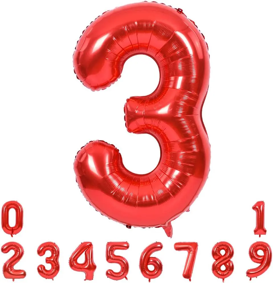 40 Inch Red Large Numbers Balloons 0-9, Number 3 Digital 3 HeliumFoil Mylar Big Number Balloons for 2026 Mother's Day New Year Eve Graduation Valentine's Day Birthday Party Anniversary Party