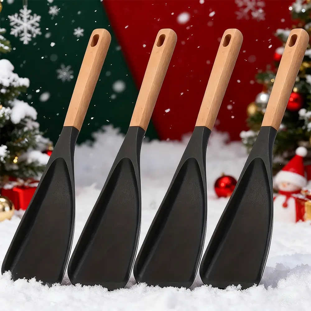 4-Piece Silicone Nonstick Kitchen Cooking Spoon Set, Utensils, Non-Stick Cookware, 12-Inch Wooden Handle Spatula, Ideal for Cooking, Serving, Stirring, Christmas Gift