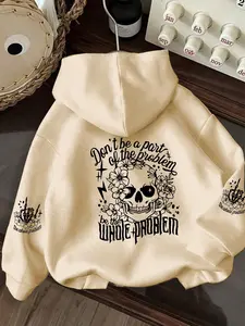 Women's Casual Polyester Hoodie with Geometric Skull Print, Loose-Fitting Knit Fabric, Hooded Sweatshirt with Pocket Detail for Fall Winter