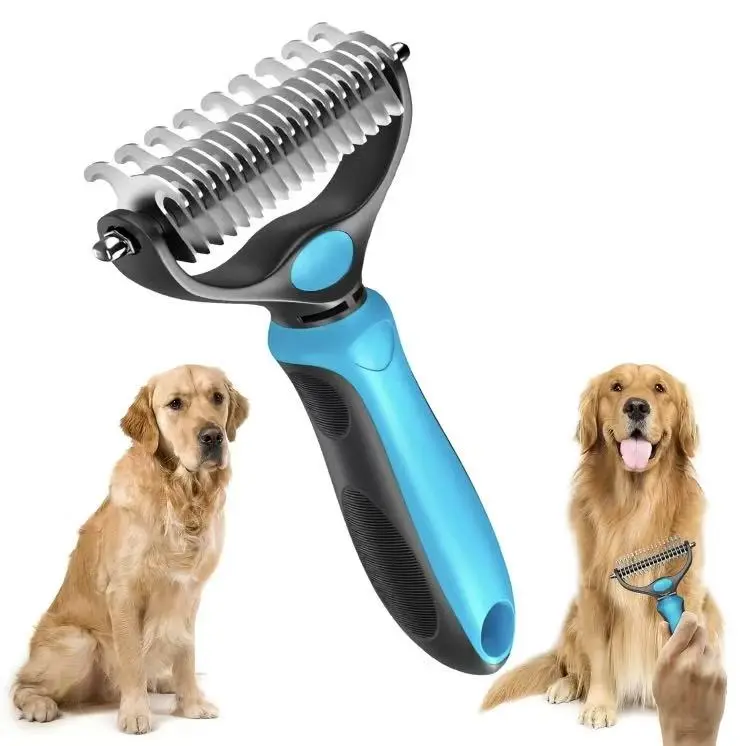 Double-Sided Pet Deshedding Brush - Hurtless Undercoat Rake Comb, Mess-Free Grooming Tools for Dogs & Cats, Long-Bristled Brush Shedding Tool to Reduce Shedding & Flying Hair, Deshedding Tool