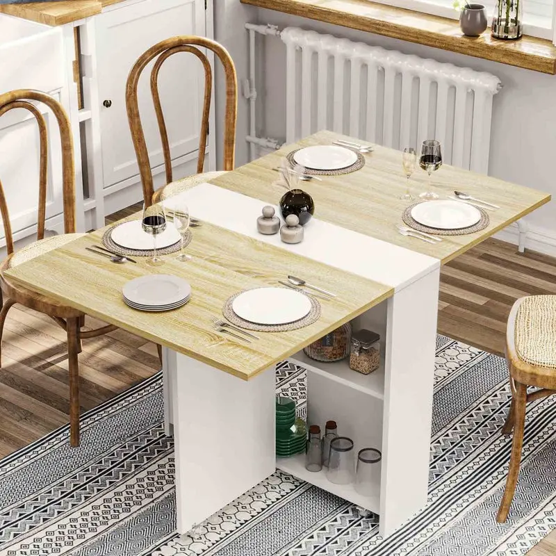 SIKAIC Foldable Expandable Dining Table - Minimal Modern White Indoor Home Furniture with Storage Shelves, 6 Casters for Dining Room, Expandable Dining Tables